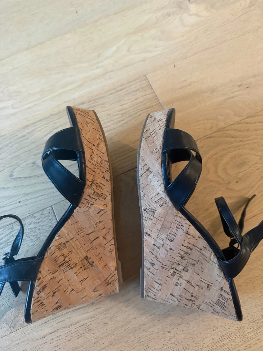 Lulu's Black Leather Cork Wedge Sandals